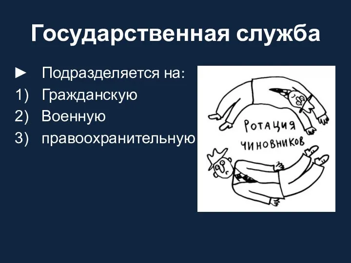 Государственная служба Подразделяется на: Гражданскую Военную правоохранительную