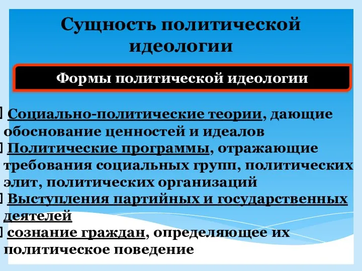 Сущность политической идеологии Формы политической идеологии Социально-политические теории, дающие обоснование ценностей