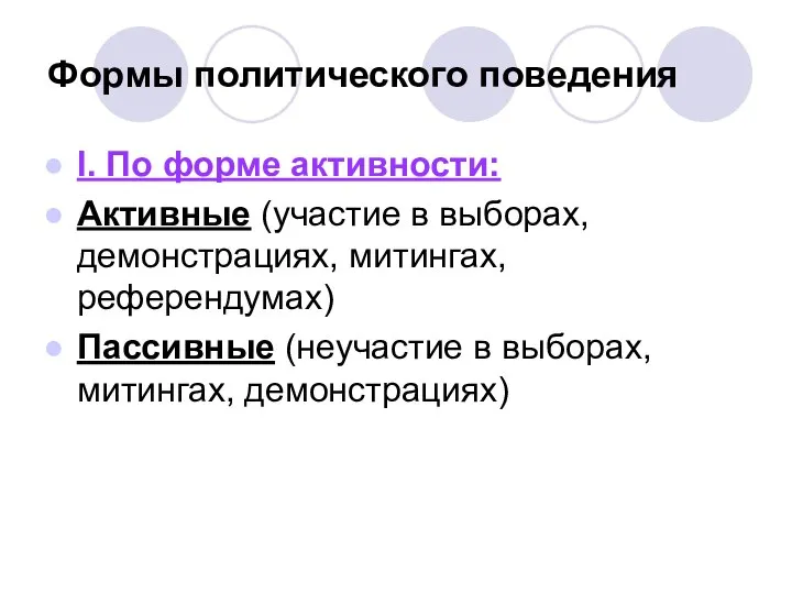 Формы политического поведения I. По форме активности: Активные (участие в выборах,