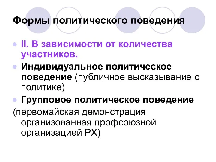 Формы политического поведения II. В зависимости от количества участников. Индивидуальное политическое