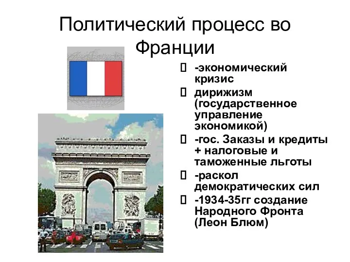 Политический процесс во Франции -экономический кризис дирижизм(государственное управление экономикой) -гос. Заказы