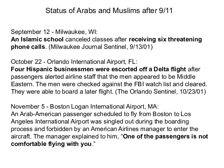 Status of Arabs and Muslims after 9/11 September 12 - Milwaukee,