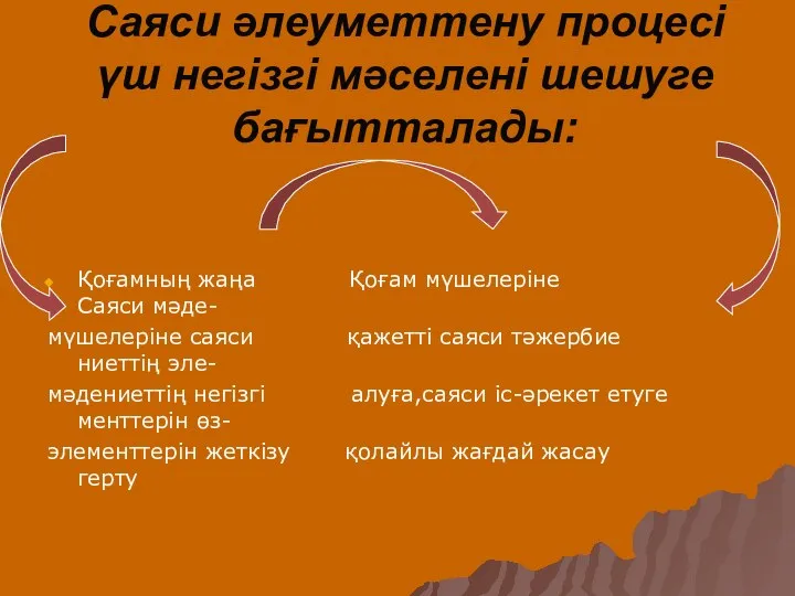 Саяси әлеуметтену процесі үш негізгі мәселені шешуге бағытталады: Қоғамның жаңа Қоғам