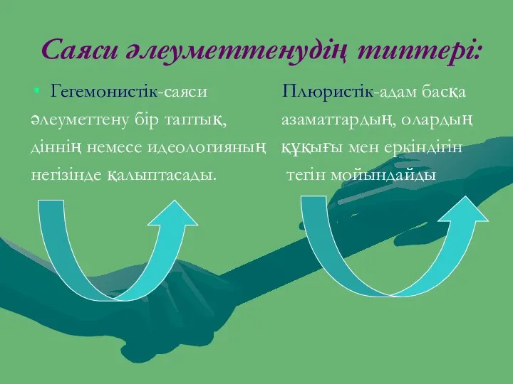 Саяси әлеуметтенудің типтері: Гегемонистік-саяси Плюристік-адам басқа әлеуметтену бір таптық, азаматтардың, олардың