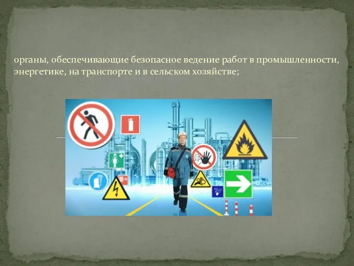 органы, обеспечивающие безопасное ведение работ в промышленности, энергетике, на транспорте и в сельском хозяйстве;