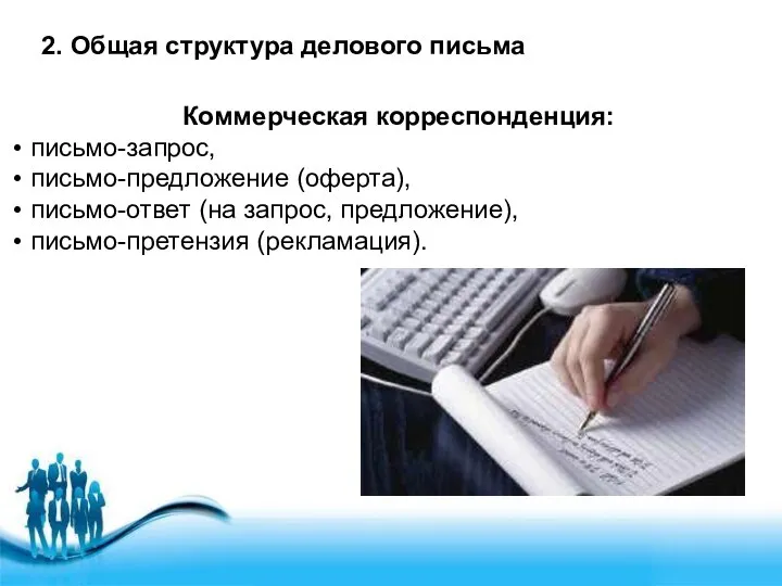 2. Общая структура делового письма Коммерческая корреспонденция: письмо-запрос, письмо-предложение (оферта), письмо-ответ (на запрос, предложение), письмо-претензия (рекламация).