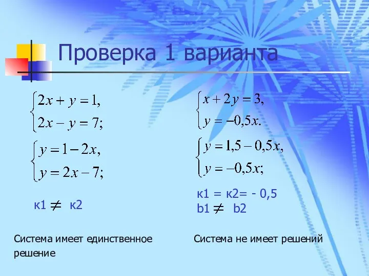 Проверка 1 варианта к1 = к2= - 0,5 b1 b2 Система