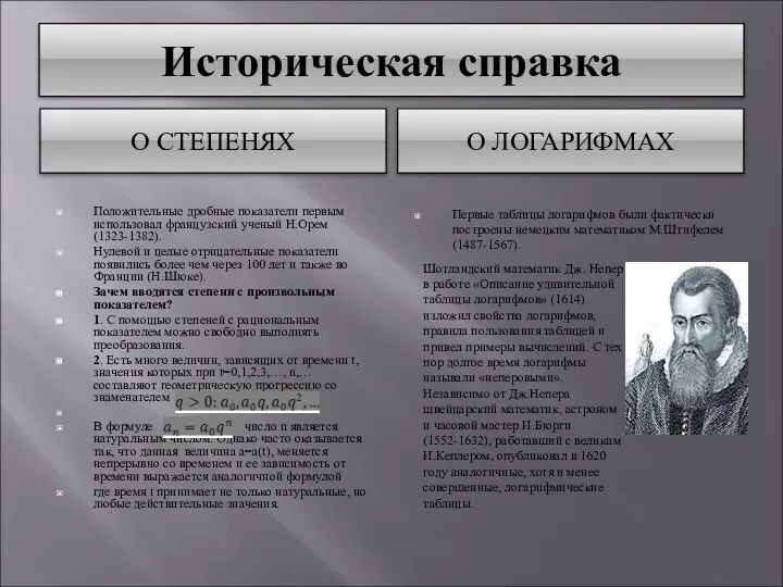 Историческая справка О СТЕПЕНЯХ О ЛОГАРИФМАХ Положительные дробные показатели первым использовал