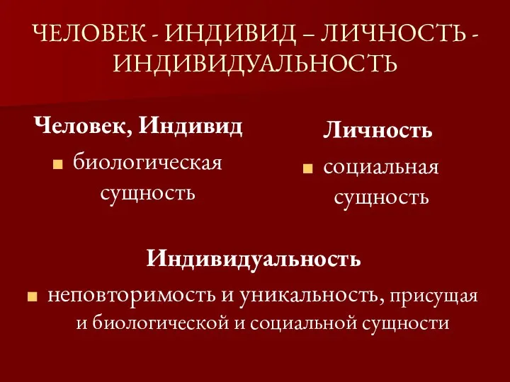 ЧЕЛОВЕК - ИНДИВИД – ЛИЧНОСТЬ - ИНДИВИДУАЛЬНОСТЬ Человек, Индивид биологическая сущность