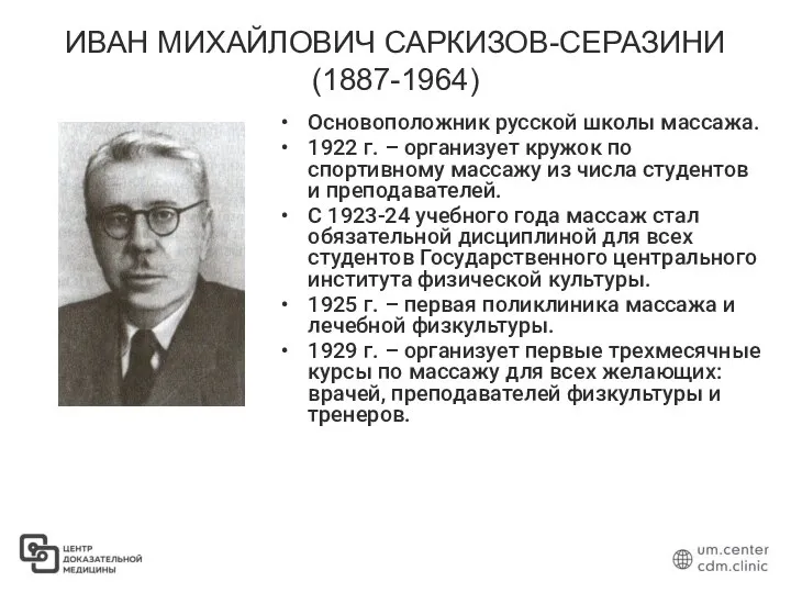 ИВАН МИХАЙЛОВИЧ САРКИЗОВ-СЕРАЗИНИ (1887-1964) Основоположник русской школы массажа. 1922 г. –