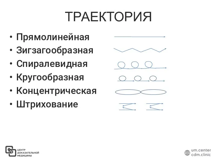 ТРАЕКТОРИЯ Прямолинейная Зигзагообразная Спиралевидная Кругообразная Концентрическая Штрихование