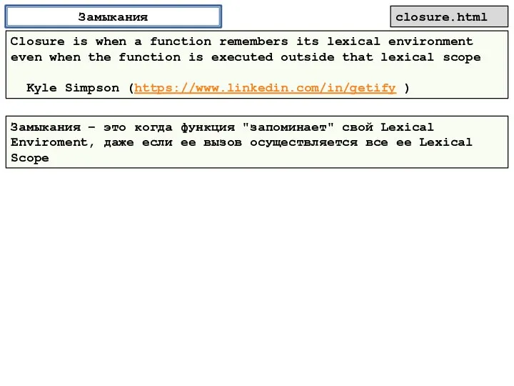 Замыкания Closure is when a function remembers its lexical environment even