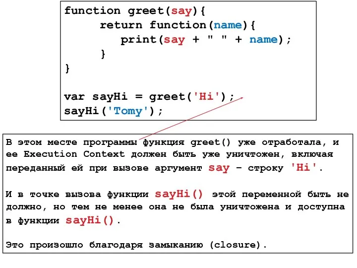 function greet(say){ return function(name){ print(say + " " + name); }