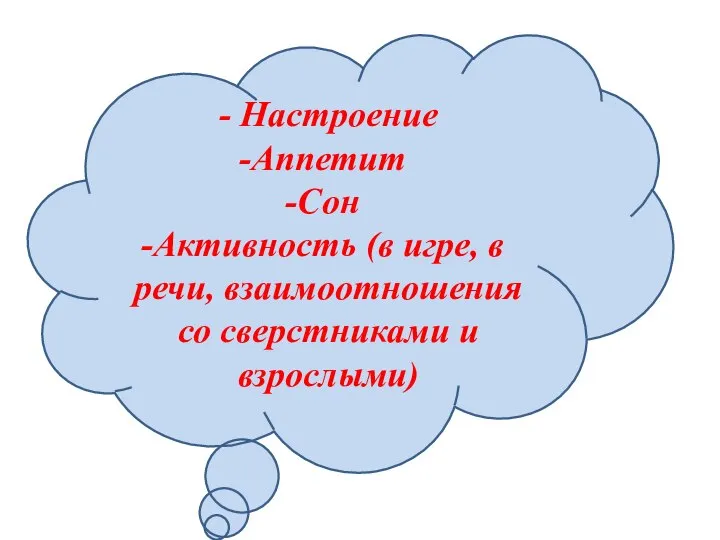 - Настроение Аппетит Сон Активность (в игре, в речи, взаимоотношения со сверстниками и взрослыми)