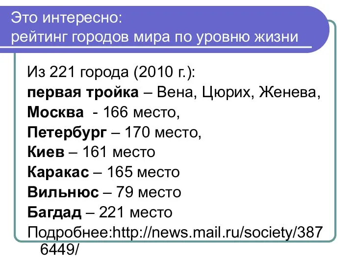 Это интересно: рейтинг городов мира по уровню жизни Из 221 города