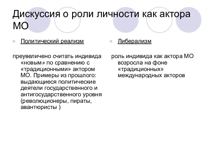 Дискуссия о роли личности как актора МО Политический реализм преувеличено считать