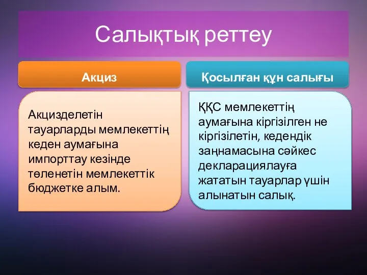 Салықтық реттеу Акциз Акцизделетін тауарларды мемлекеттің кеден аумағына импорттау кезінде төленетін