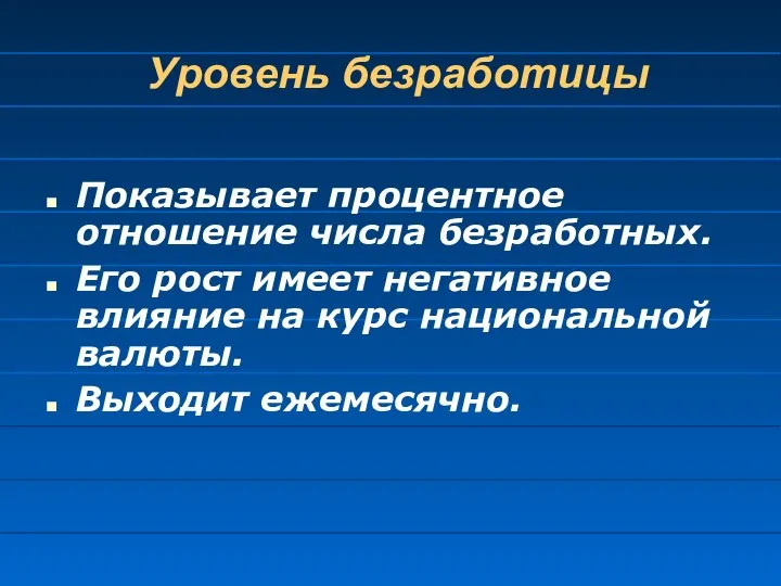 Уровень безработицы Показывает процентное отношение числа безработных. Его рост имеет негативное