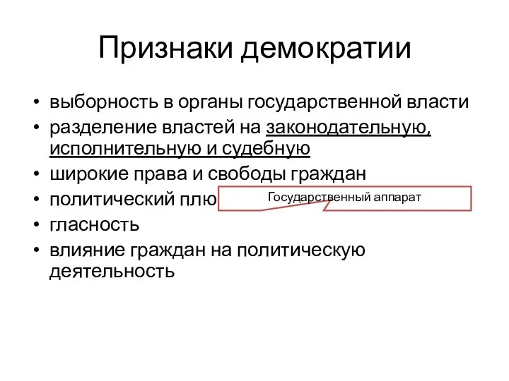 Признаки демократии выборность в органы государственной власти разделение властей на законодательную,