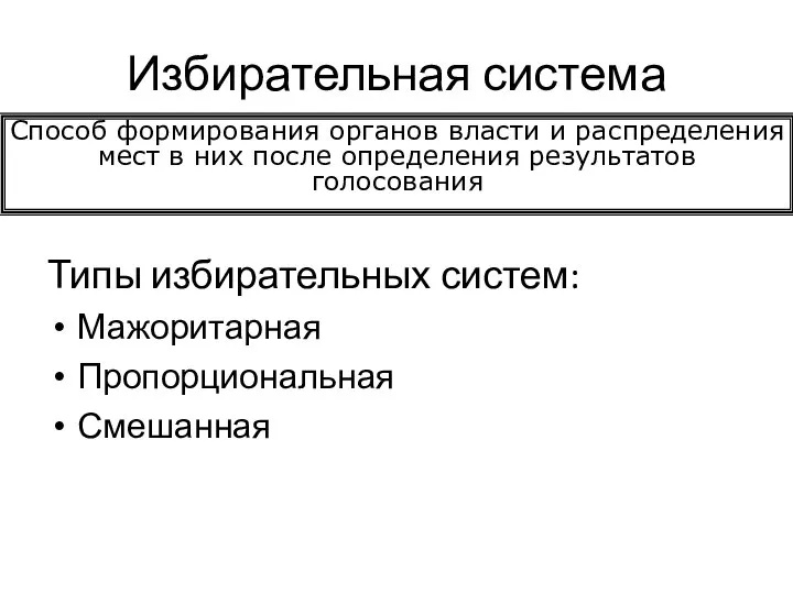 Избирательная система Типы избирательных систем: Мажоритарная Пропорциональная Смешанная Способ формирования органов