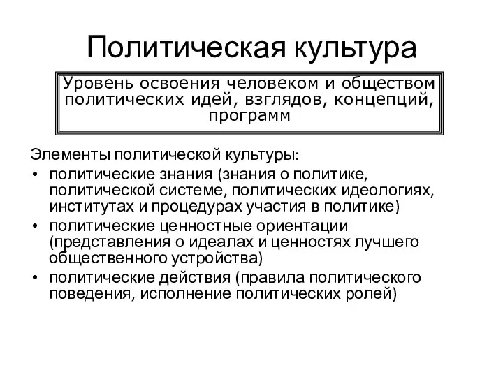 Политическая культура Элементы политической культуры: политические знания (знания о политике, политической