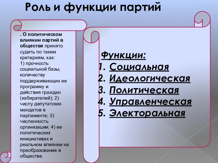 Роль и функции партий . О политическом влиянии партий в обществе