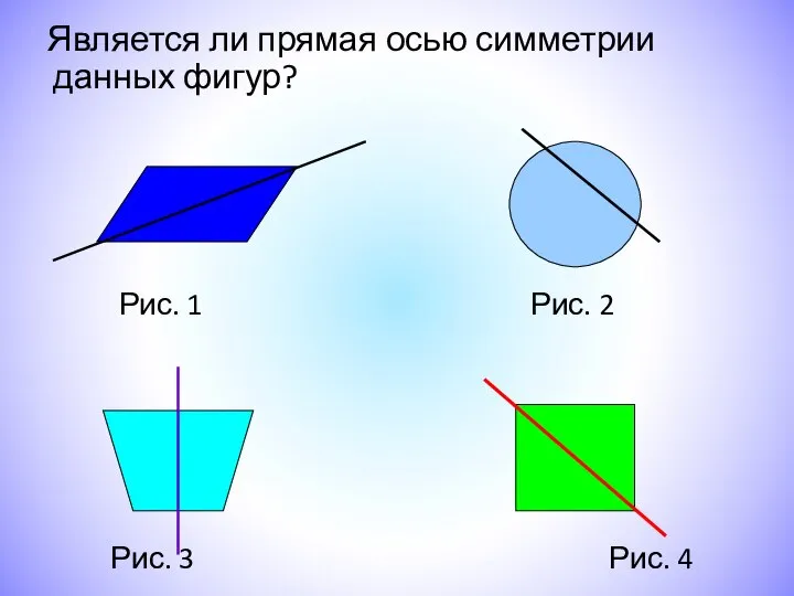 Является ли прямая осью симметрии данных фигур? Рис. 1 Рис. 2 Рис. 3 Рис. 4