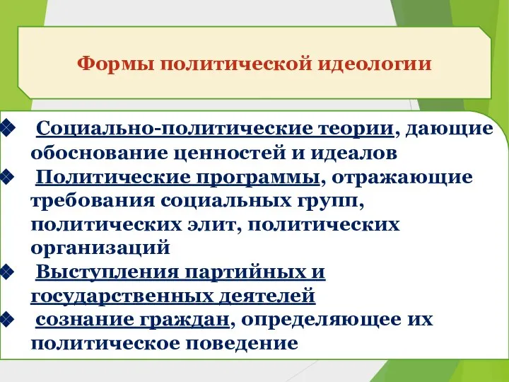 Формы политической идеологии Социально-политические теории, дающие обоснование ценностей и идеалов Политические