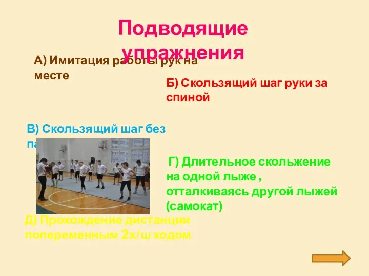 А) Имитация работы рук на месте Подводящие упражнения Б) Скользящий шаг