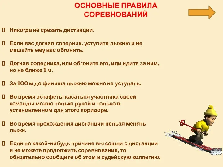 ОСНОВНЫЕ ПРАВИЛА СОРЕВНОВАНИЙ Никогда не срезать дистанции. Если вас догнал соперник,