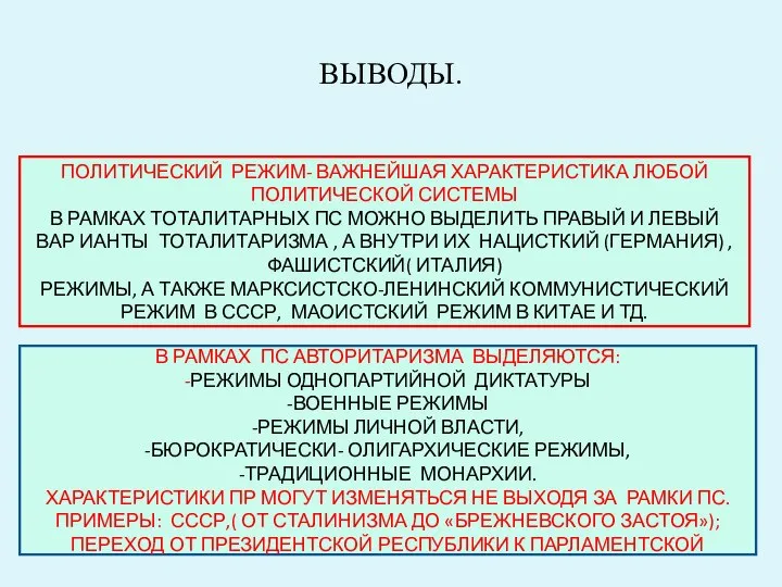 ВЫВОДЫ. ПОЛИТИЧЕСКИЙ РЕЖИМ- ВАЖНЕЙШАЯ ХАРАКТЕРИСТИКА ЛЮБОЙ ПОЛИТИЧЕСКОЙ СИСТЕМЫ В РАМКАХ ТОТАЛИТАРНЫХ