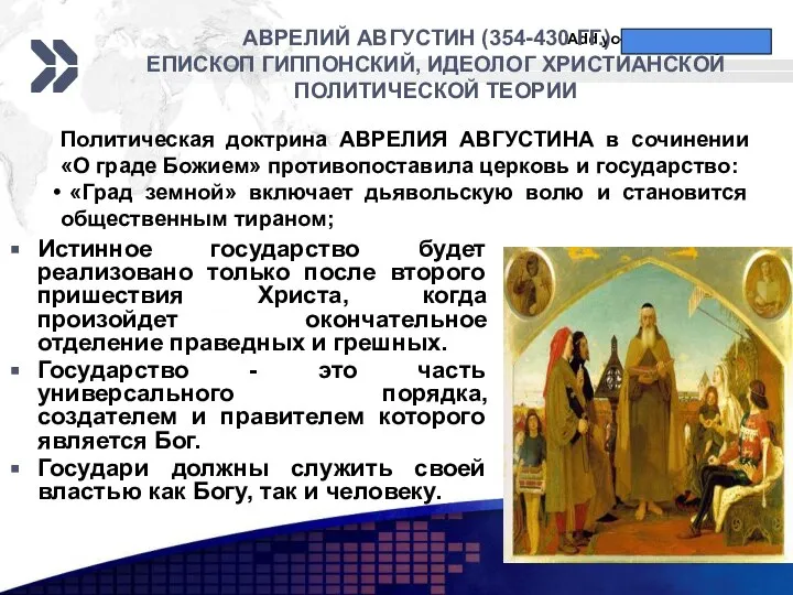 АВРЕЛИЙ АВГУСТИН (354-430 ГГ.) – ЕПИСКОП ГИППОНСКИЙ, ИДЕОЛОГ ХРИСТИАНСКОЙ ПОЛИТИЧЕСКОЙ ТЕОРИИ