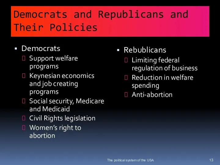 Democrats and Republicans and Their Policies Democrats Support welfare programs Keynesian