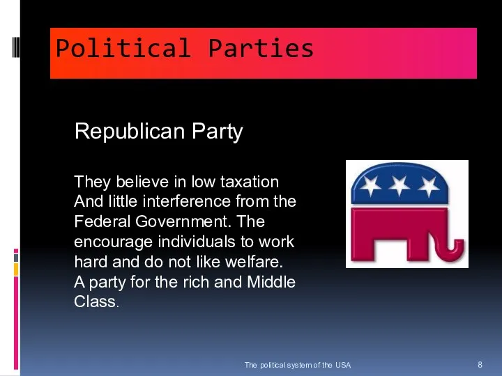 Political Parties The political system of the USA Republican Party They