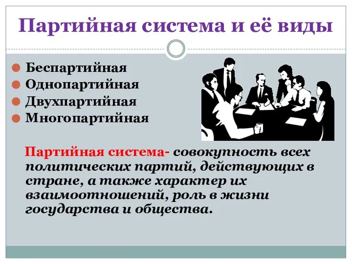 Партийная система и её виды Беспартийная Однопартийная Двухпартийная Многопартийная Партийная система-