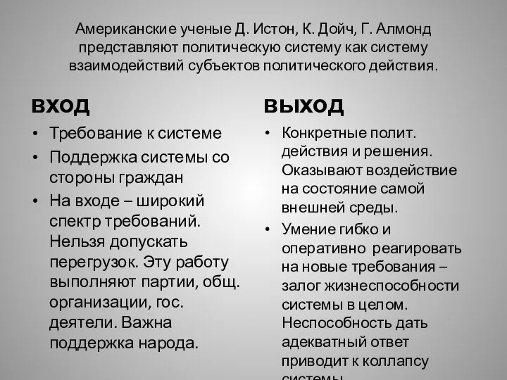 Американские ученые Д. Истон, К. Дойч, Г. Алмонд представляют политическую систему