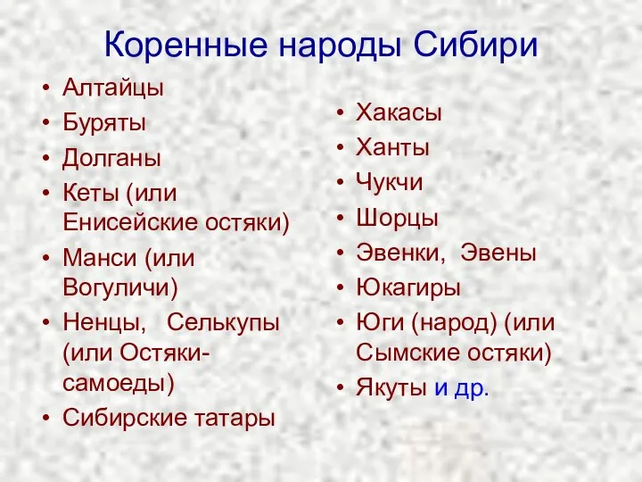 Коренные народы Сибири Алтайцы Буряты Долганы Кеты (или Енисейские остяки) Манси