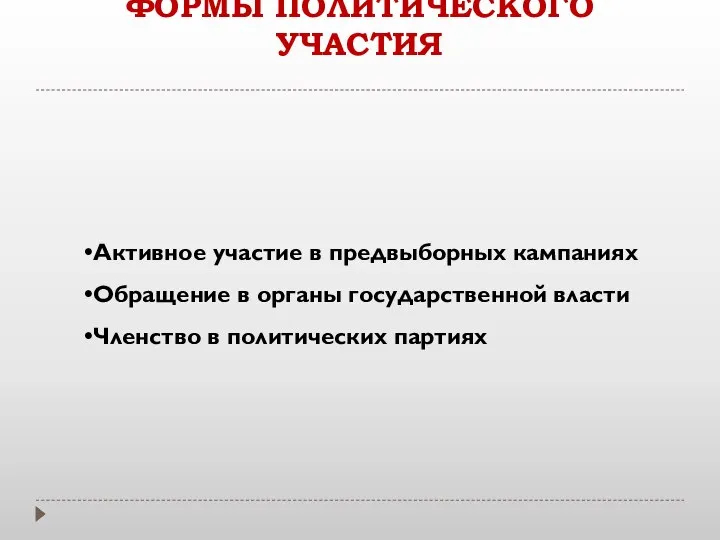 ФОРМЫ ПОЛИТИЧЕСКОГО УЧАСТИЯ Активное участие в предвыборных кампаниях Обращение в органы