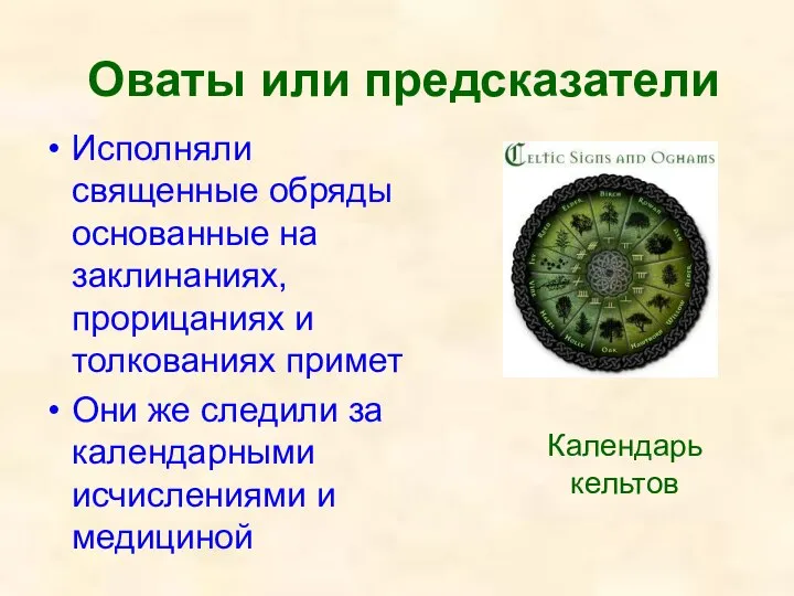 Оваты или предсказатели Исполняли священные обряды основанные на заклинаниях, прорицаниях и