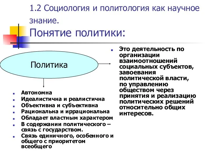 1.2 Социология и политология как научное знание. Понятие политики: Это деятельность