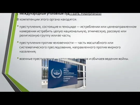 3. Международный уголовный суд (Гаага, Нидерланды) В компетенции этого органа находятся: