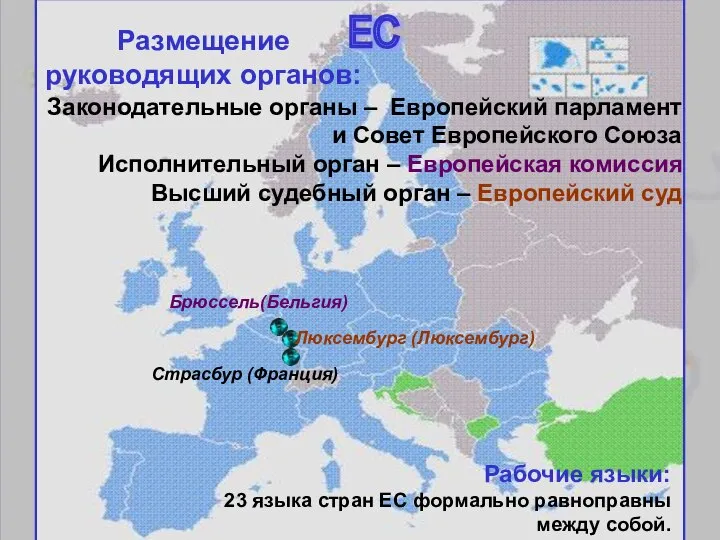 Страсбур (Франция) Люксембург (Люксембург) Брюссель(Бельгия) Размещение руководящих органов: ЕС Законодательные органы