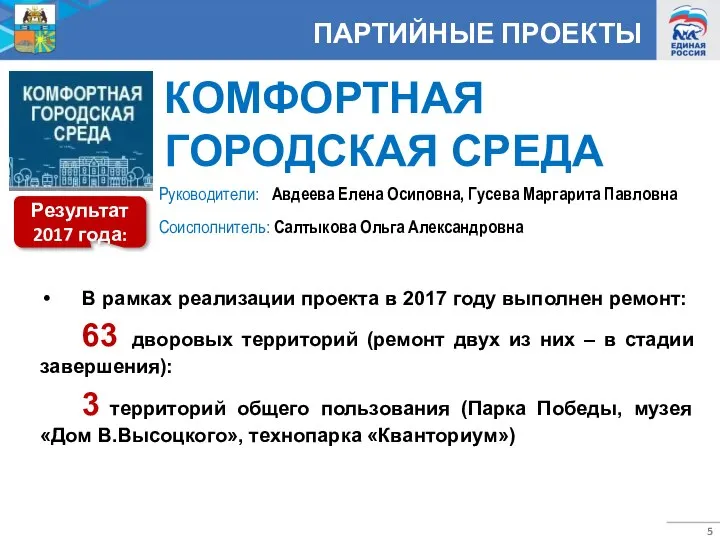 ПАРТИЙНЫЕ ПРОЕКТЫ КОМФОРТНАЯ ГОРОДСКАЯ СРЕДА Руководители: Авдеева Елена Осиповна, Гусева Маргарита