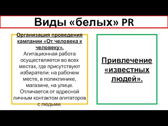 Виды «белых» PR Организация проведения кампании «От человека к человеку». Агитационная