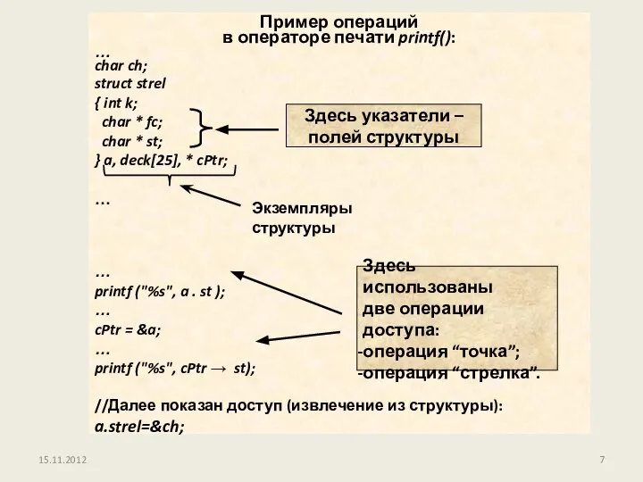 15.11.2012 //Далее показан доступ (извлечение из структуры): a.strel=&ch; Экземпляры структуры