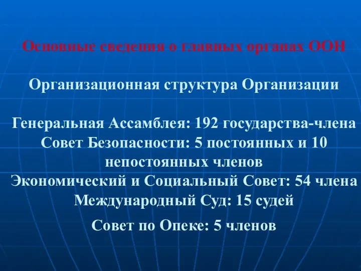 Основные сведения о главных органах ООН Организационная структура Организации Генеральная Ассамблея: