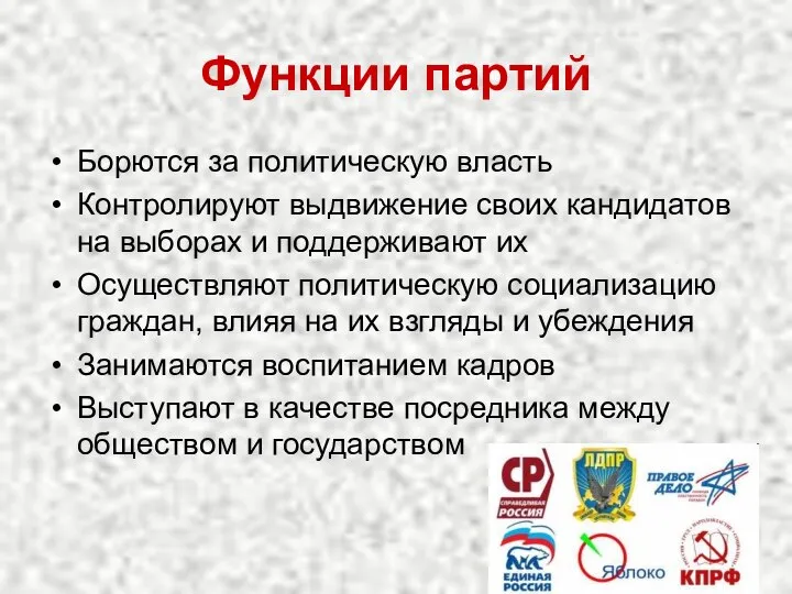 Функции партий Борются за политическую власть Контролируют выдвижение своих кандидатов на