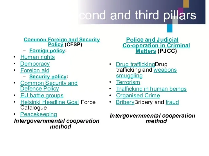 Second and third pillars Common Foreign and Security Policy (CFSP) Foreign