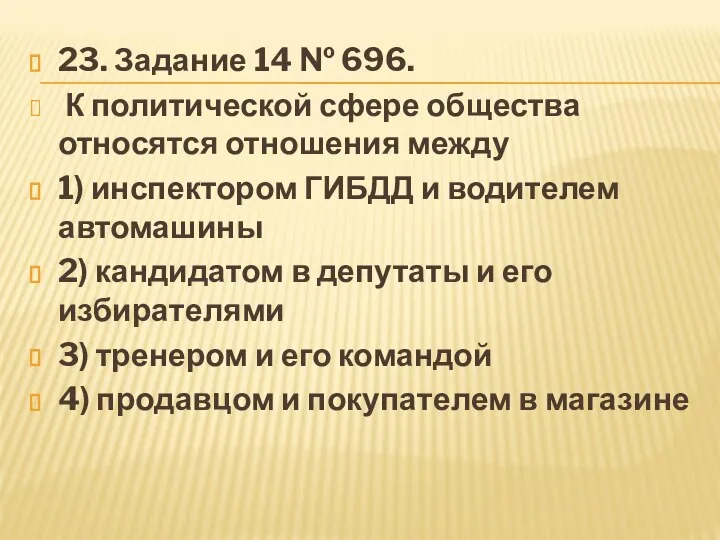 23. За­да­ние 14 № 696. К политической сфере общества относятся отношения