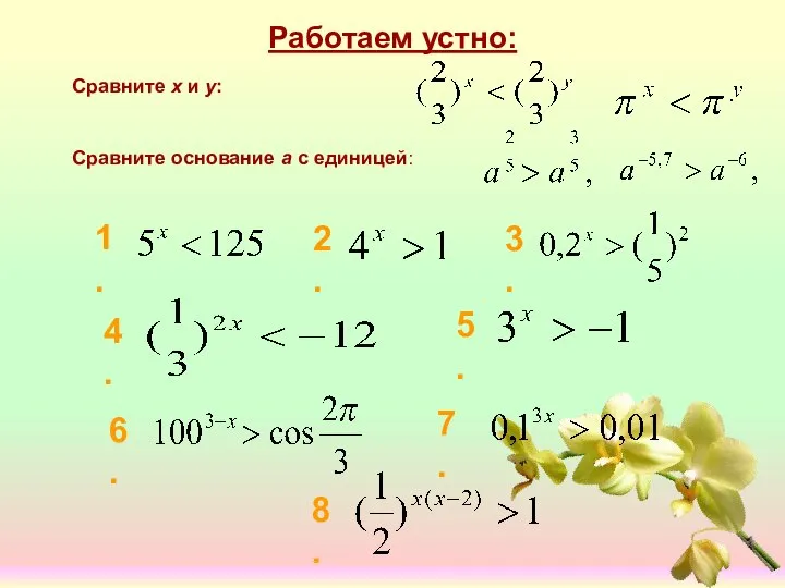 Работаем устно: Сравните x и y: Сравните основание а с единицей: